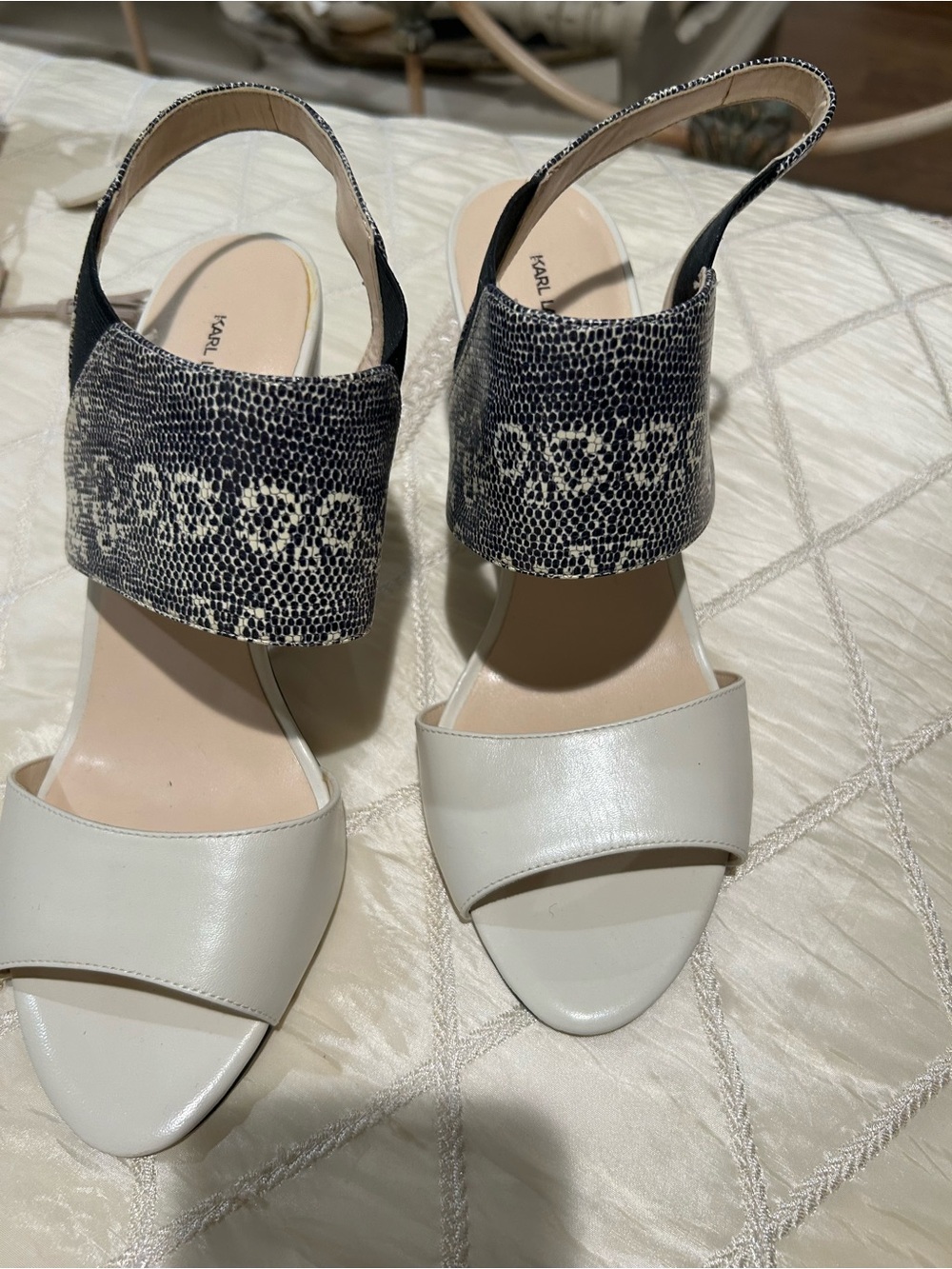 Karl Lagerfeld White Leather Sandals with Black Snake-Print Ankle Strap Size:10